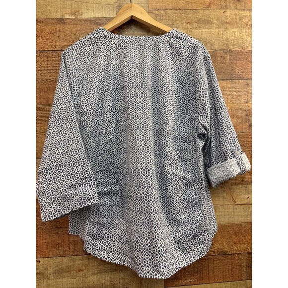 Nico Womens Button-Up Blouse L White & Navy Geometric Print 3/4 Sleeve - Picture 5 of 7